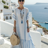 Ione | Robe longue à col rond et manches courtes rayée