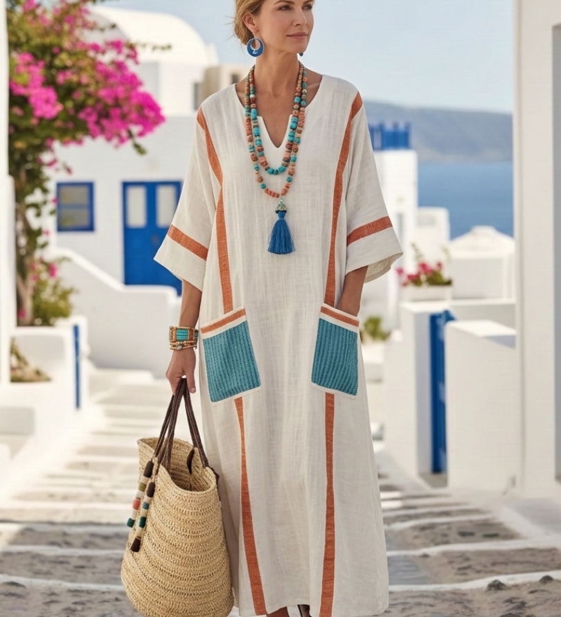 Noemi | Robe maxi à col en V et manches mi-longues avec poches