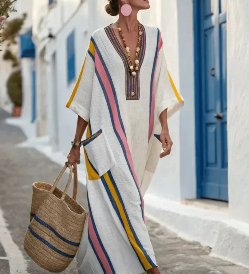 Noemi | Robe maxi à col en V et manches mi-longues avec poches