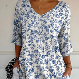 Pull en Tricot à Imprimé de Fleurs Bleues pour Femmes