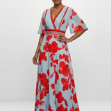 Corinne | Robe Maxi Fleurie à Manches Courtes en V