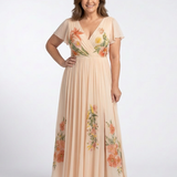 Calista | Robe longue plissée à manches courtes et col en V à imprimé floral