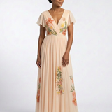Calista | Robe longue plissée à manches courtes et col en V à imprimé floral