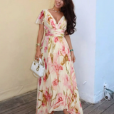 Elara | Robe Maxi Fleurie à Col V et Manches Courtes