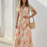 Elara | Robe Maxi Fleurie à Col V et Manches Courtes