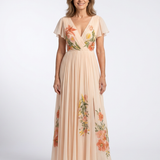 Calista | Robe longue plissée à manches courtes et col en V à imprimé floral
