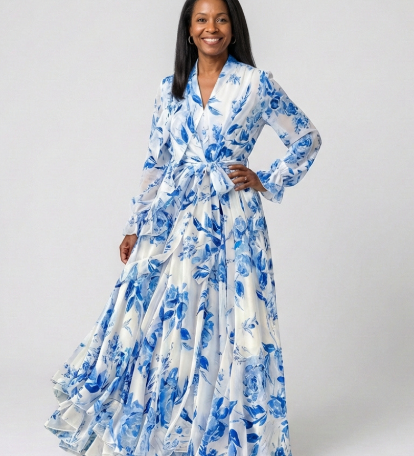 Lillian | Robe Maxi Enveloppe à Manches Longues Florale